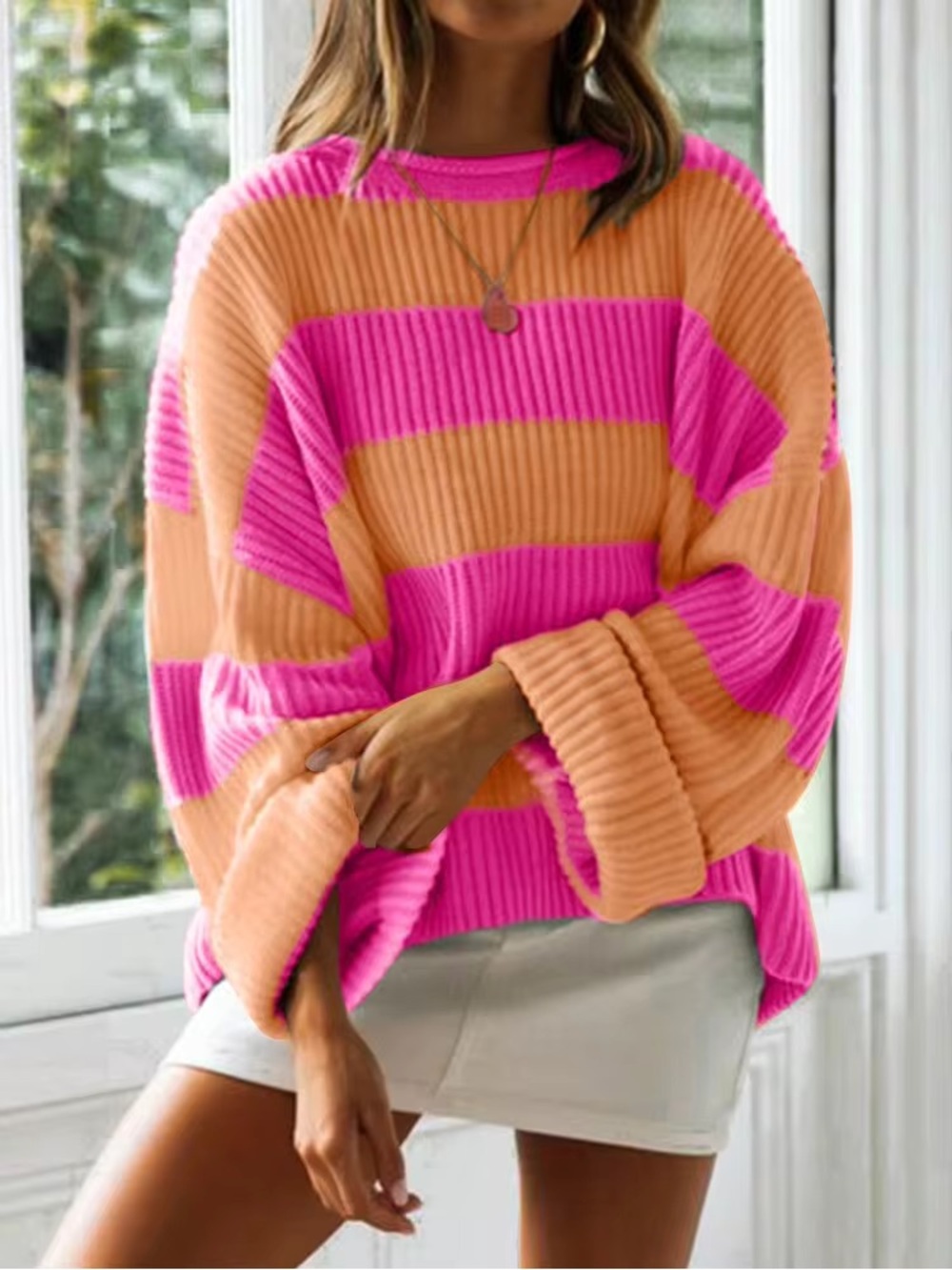 Oversized Pink Orange Ribbed Sweater